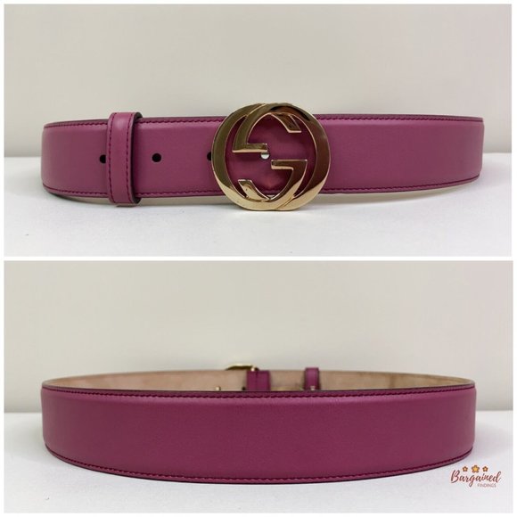 Authentic Gucci Pink Calfskin Leather Gold Interlocking G Buckle Belt 85/34 main image 5